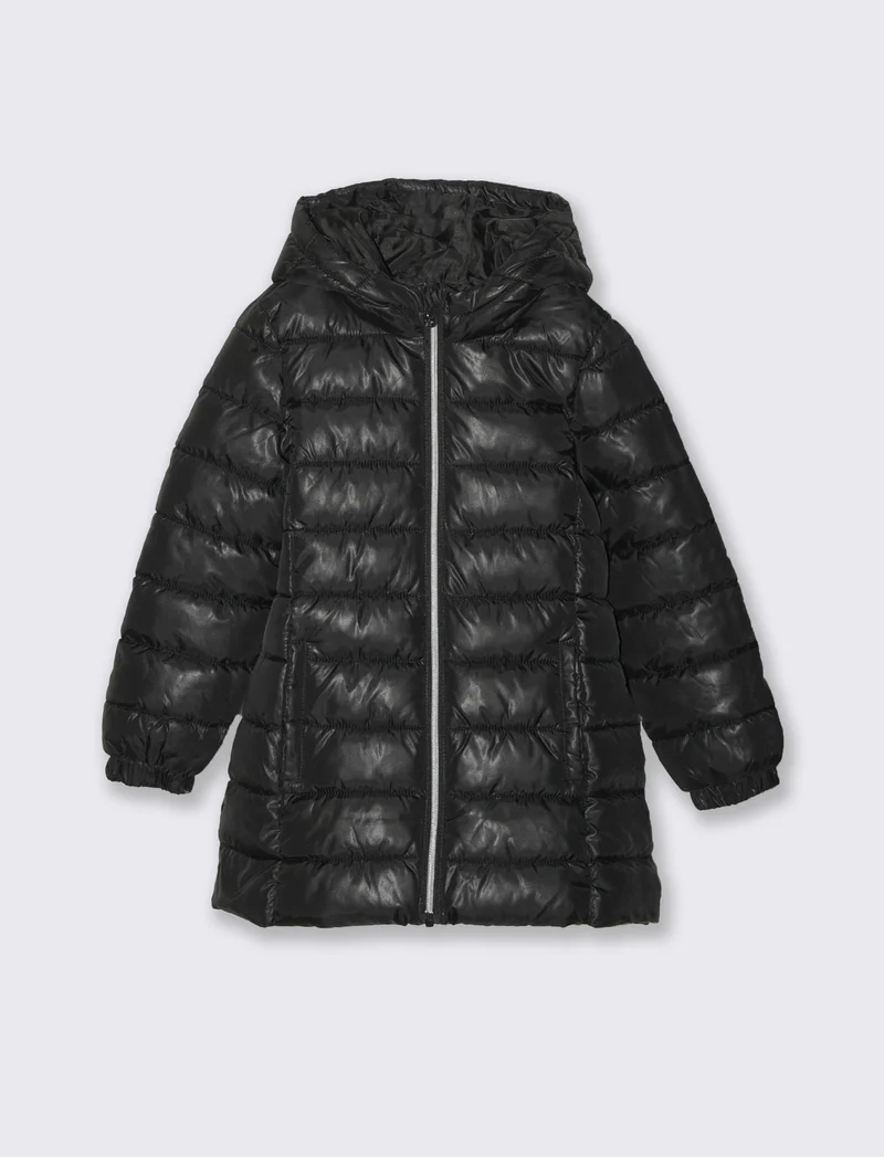 Giubbotto lungo imbottito modello basic con cappuccio - Nero