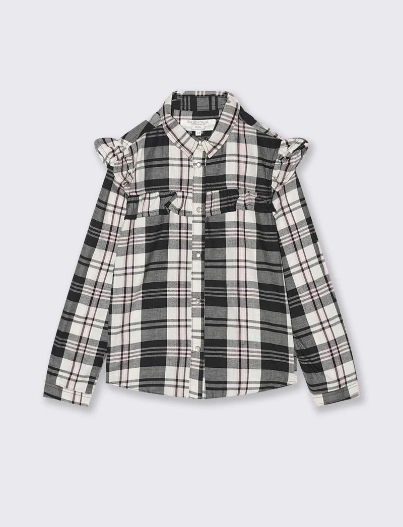 Camicia manica lunga in flanella con rouches. - Nero