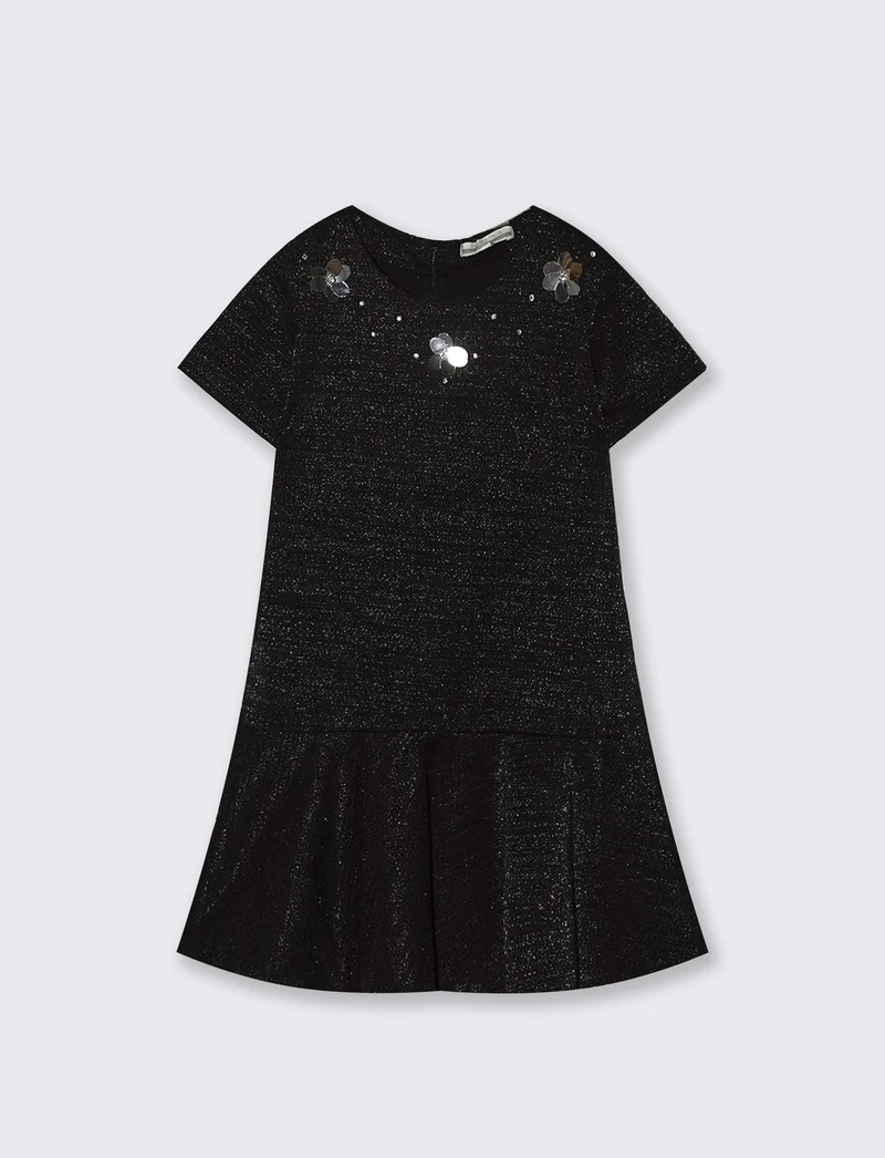 Vestito elegante da bambina in punto milano elastico con dettagli in fibra metallica. - Nero