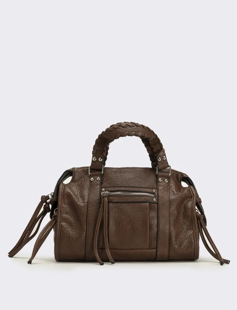 Bauletto con manici intrecciati e tirazip lunghi - Marrone