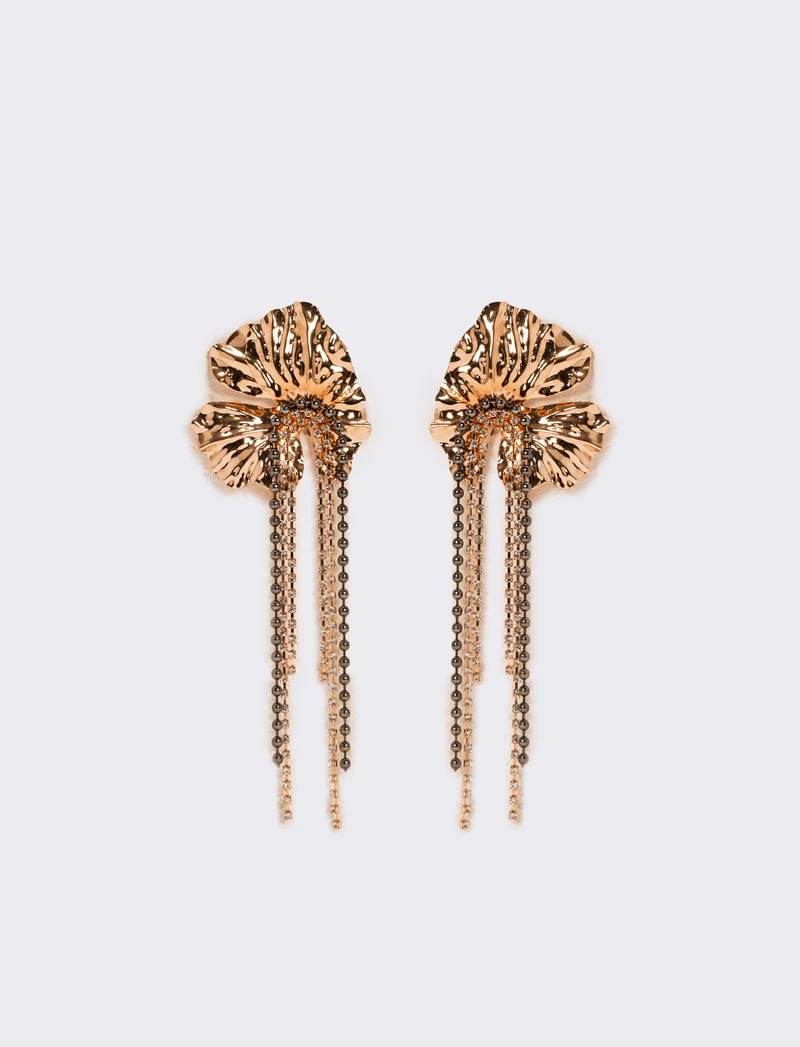 Orecchini fiori grandi con fili strass - Oro rosa