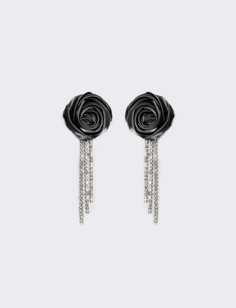 Orecchino con rosa in tessuto e strass - Nero