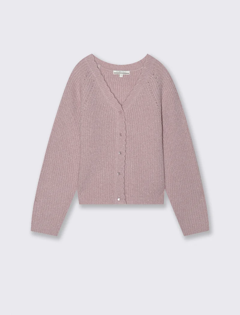 Cardigan manica raglan in morbida maglieria con filato metallizzato. - Rosa