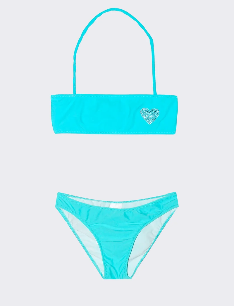 Bikini da bambina con decorazione in strass. - Blu