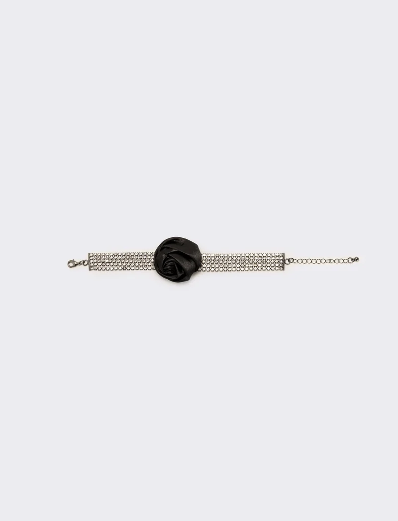 Bracciale strass e rosa in tessuto - Nero