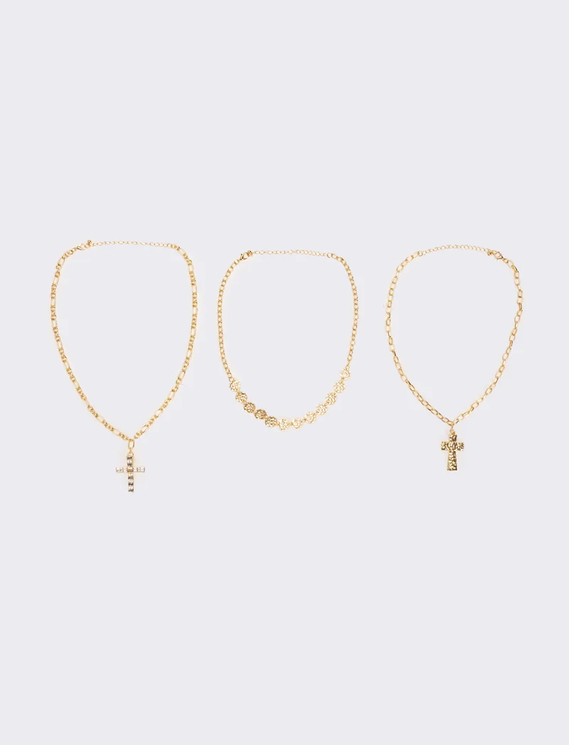 Card 3 collane croci in metallo martellato - Oro