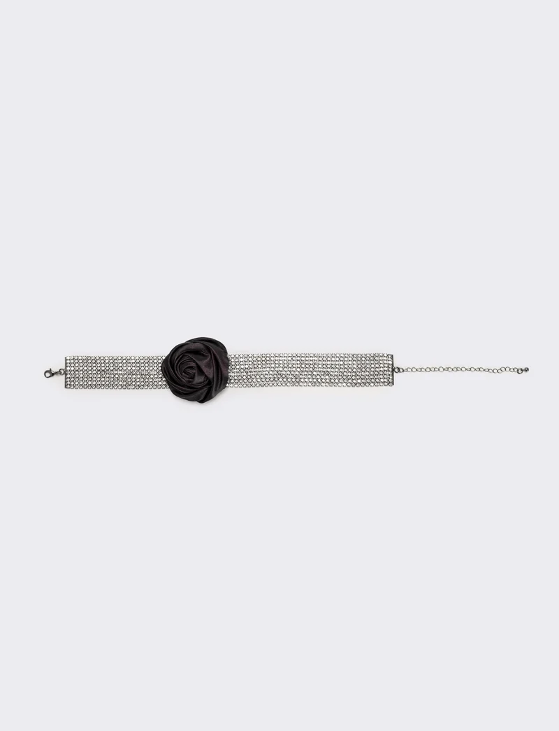 Collana chocker con strass e rosa in tessuto - Nero