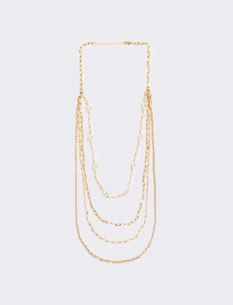 Collana con 4 catene e 2 fili di perle - Oro