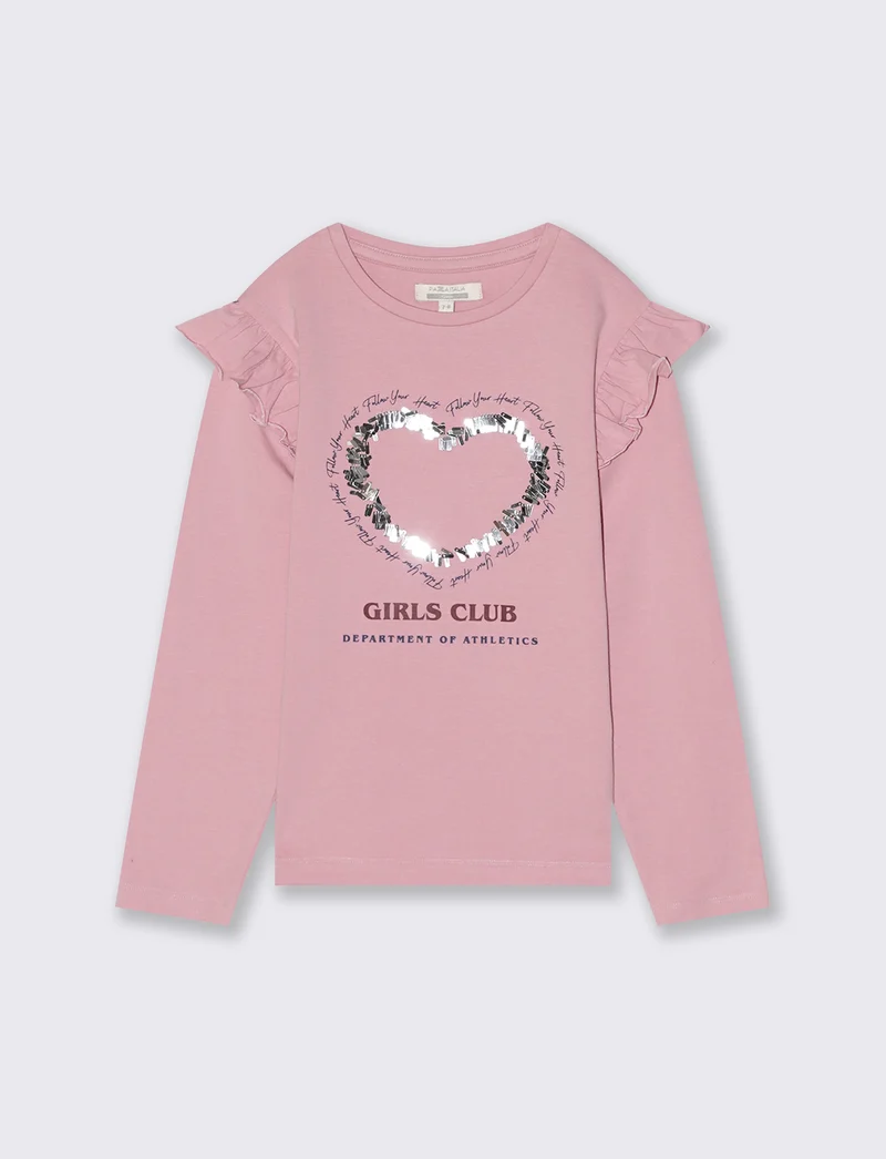 T-shirt da bambina manica lunga con stampa e paillettes. - Rosa