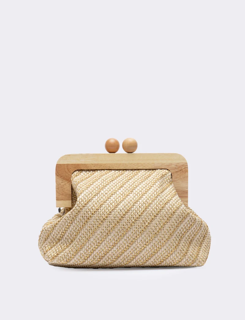 Pochette donna con chiusura in legno e tracolla - Beige