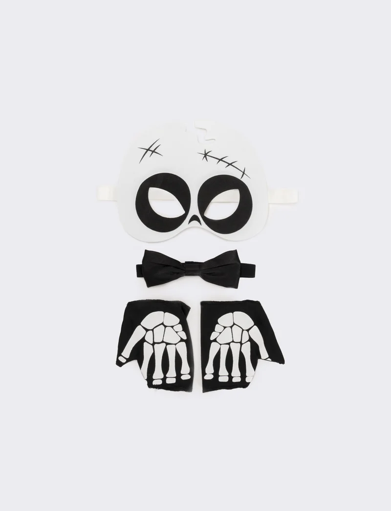 Set halloween bambino mascherina,guanto e papillon con teschio - Bianco-nero