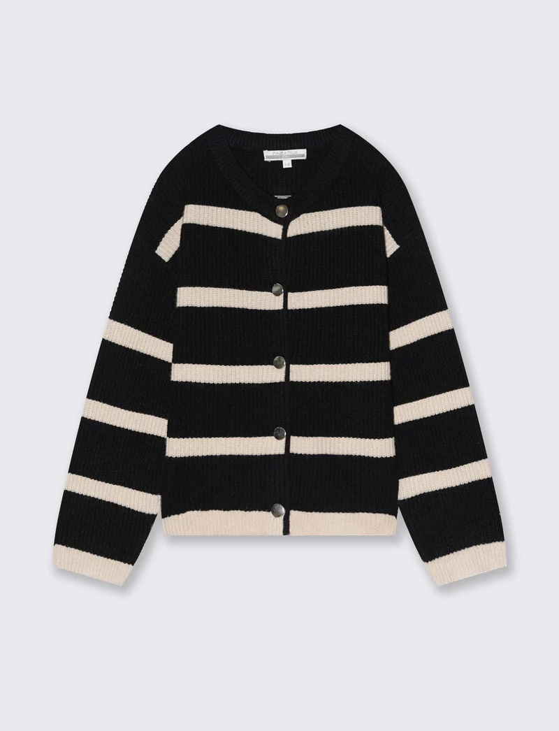 Cardigan girocollo a righe da bambina - Nero-beige