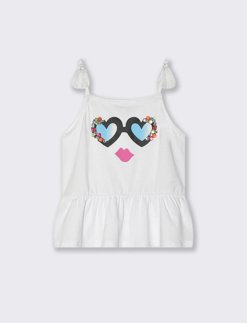 Top in jersey con stampa e pietre da bambina - Bianco