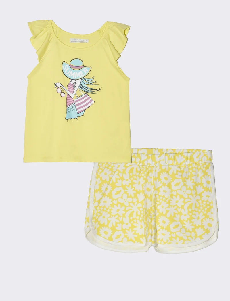 Set 2 pezzi canotta e short da bambina - Giallo