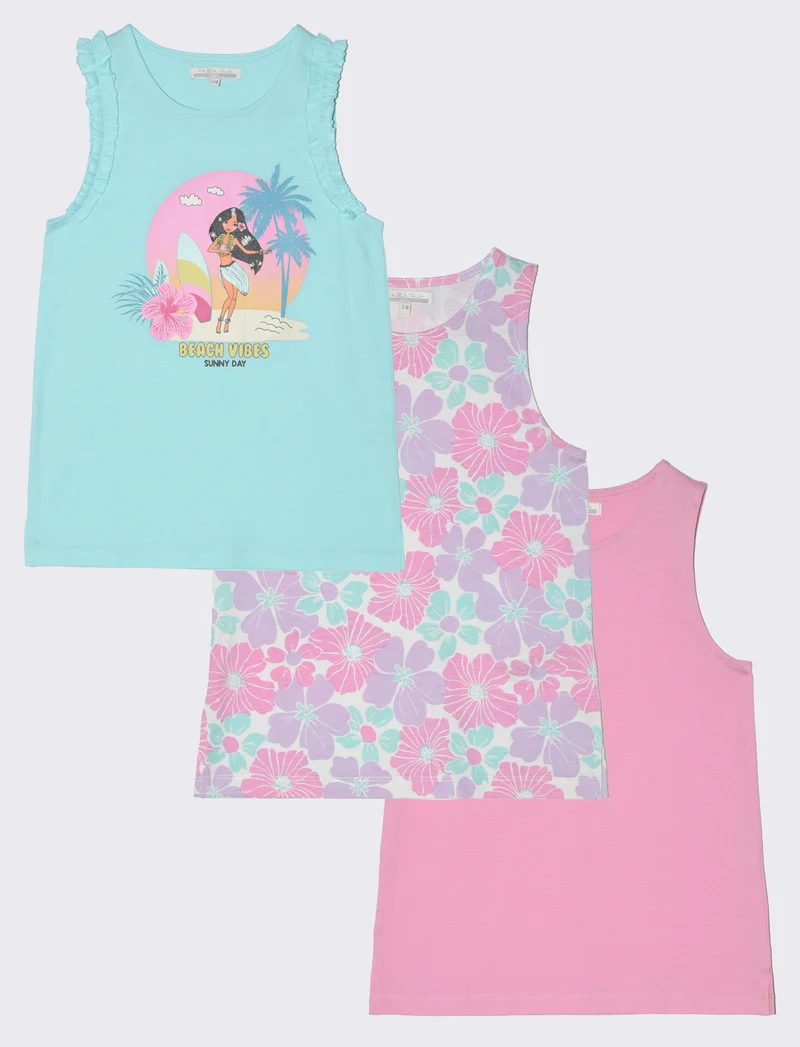Canotta in cotone 3 pack da bambina - Verde acqua