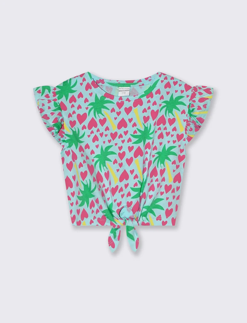 T-shirt stampata con nodo al fondo da bambina - Verde acqua