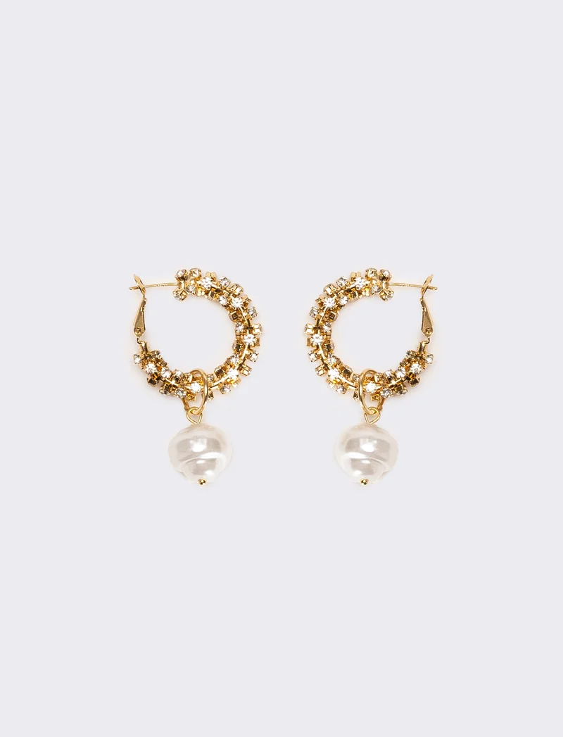 Orecchini donna cerchi con strass pendente perla - Oro
