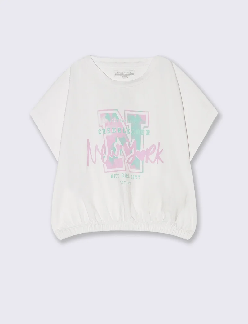 T-shirt giromanica con elastico in vita da bambina - Bianco