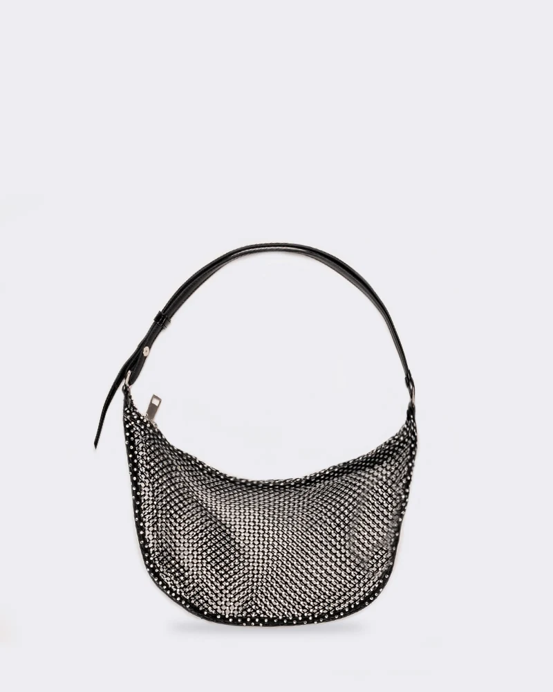 Borsa donna mezzaluna con strass - Nero