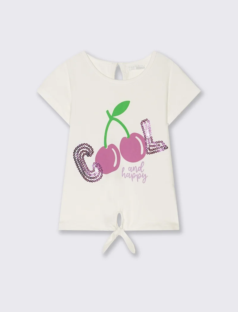 T-shirt con nodo e paillettes da neonata - Bianco latte