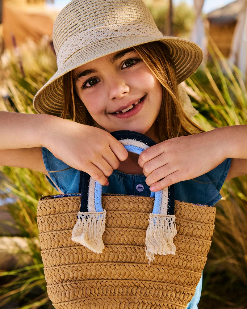 Borsa bambina paglia manico rainbow - Blu