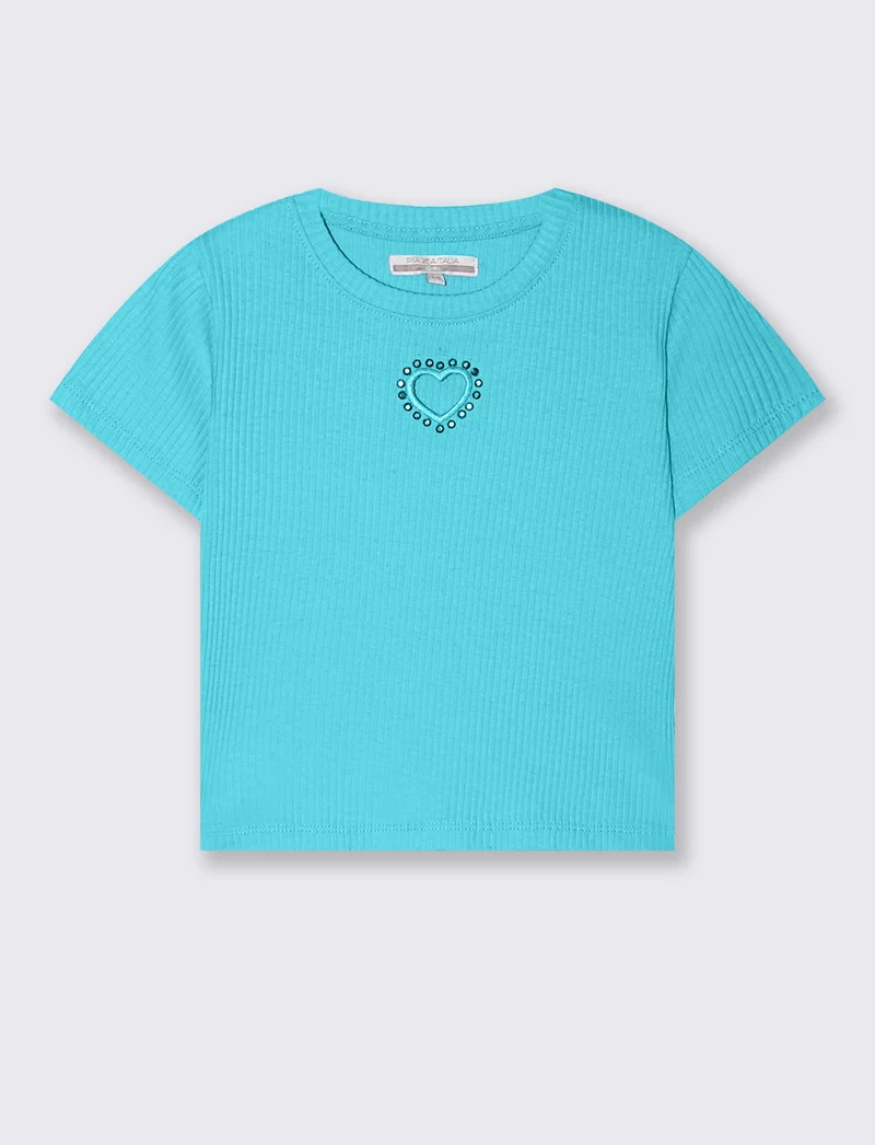 T-shirt in costina con cuore da bambina - Verde acqua
