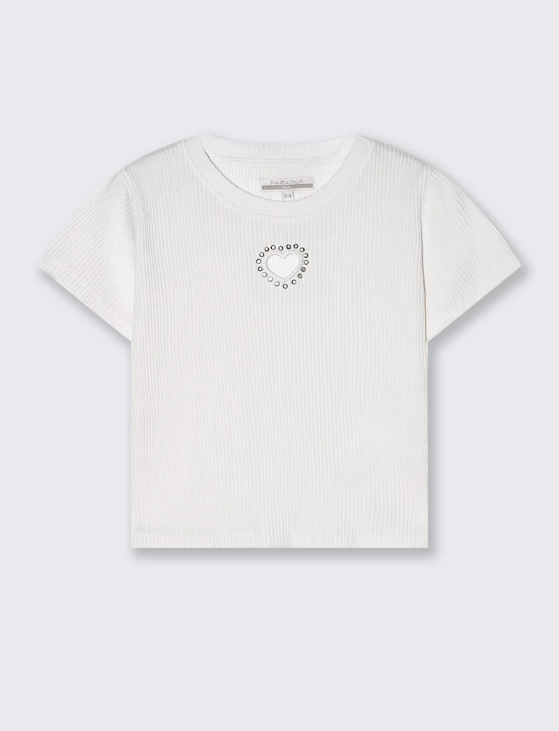 T-shirt in costina con cuore da bambina - Bianco