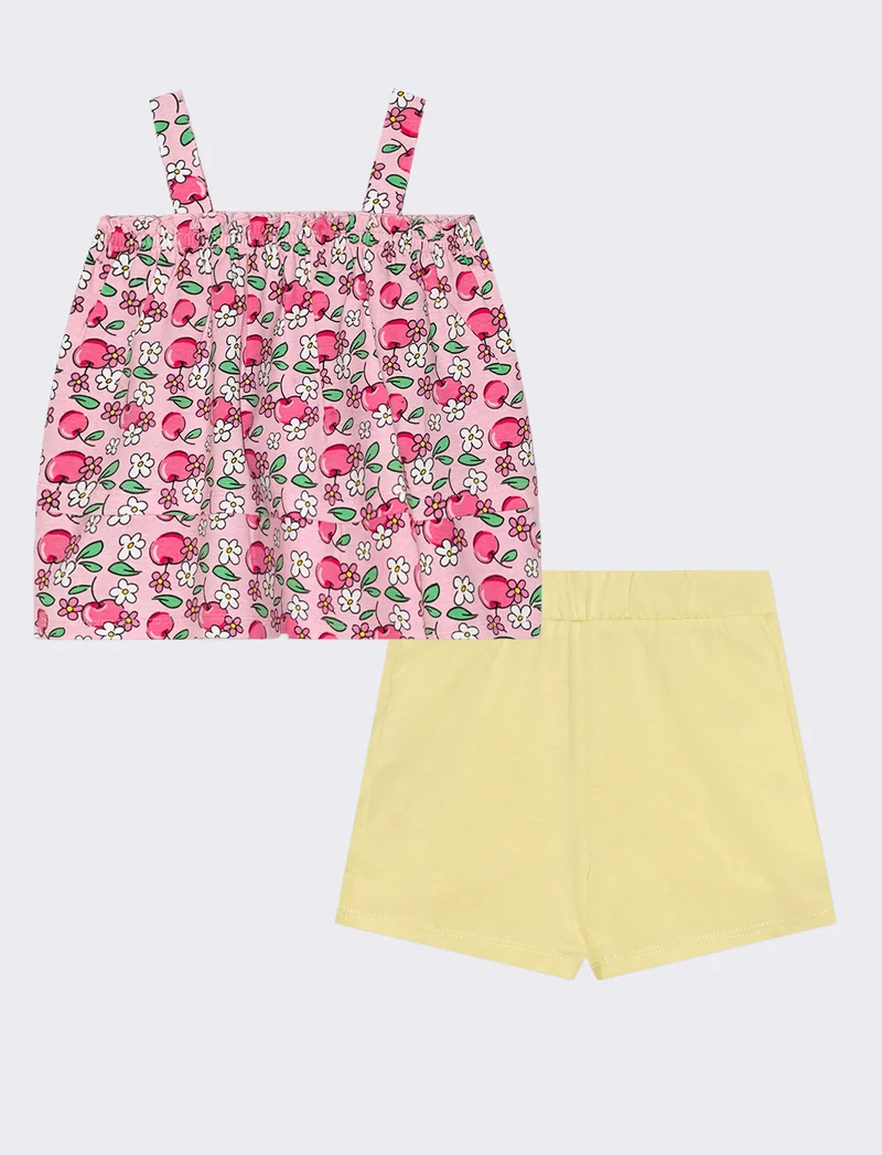 Completo top e shorts in fantasia e tinta unita - Rosa