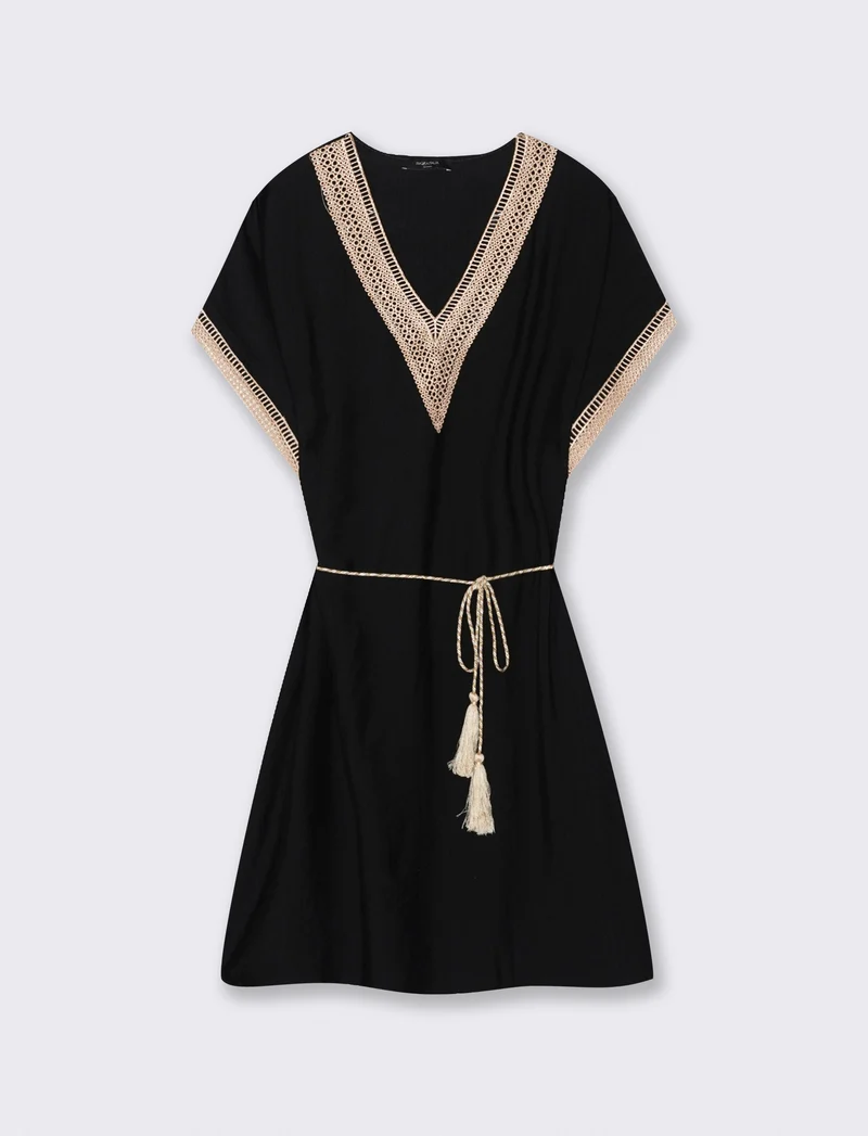 Vestito con cintura e passamaneria - Nero