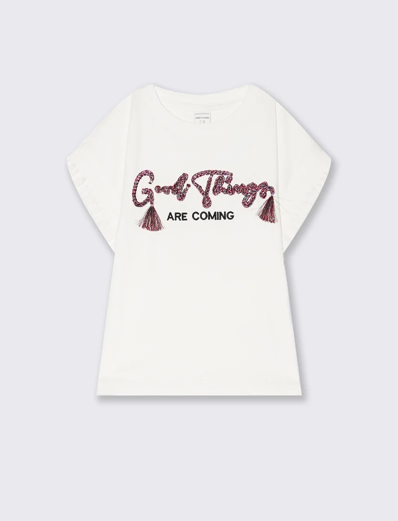 T-shirt manica in costina da bambina - Bianco latte