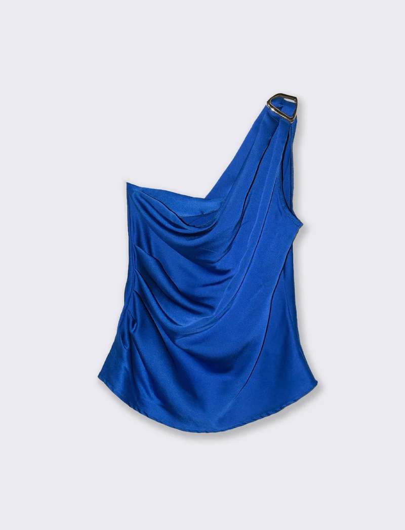 Top raso monospalla con accessorio - Bluette