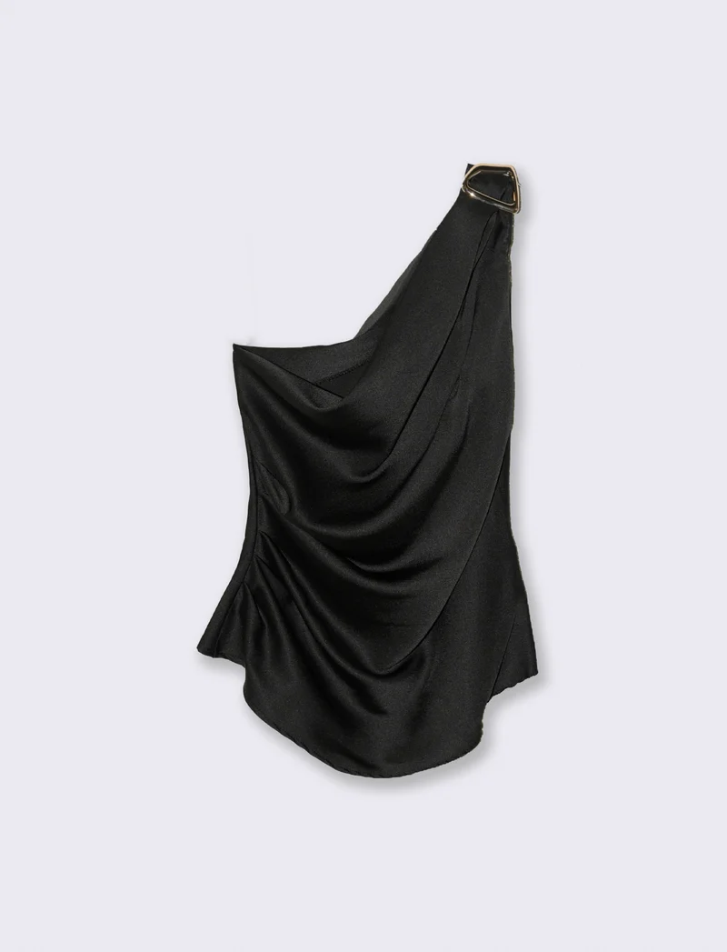 Top raso monospalla con accessorio - Nero