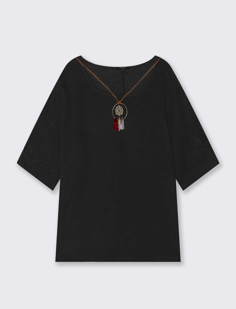 Casacca over con collana in cotone e lino - Nero
