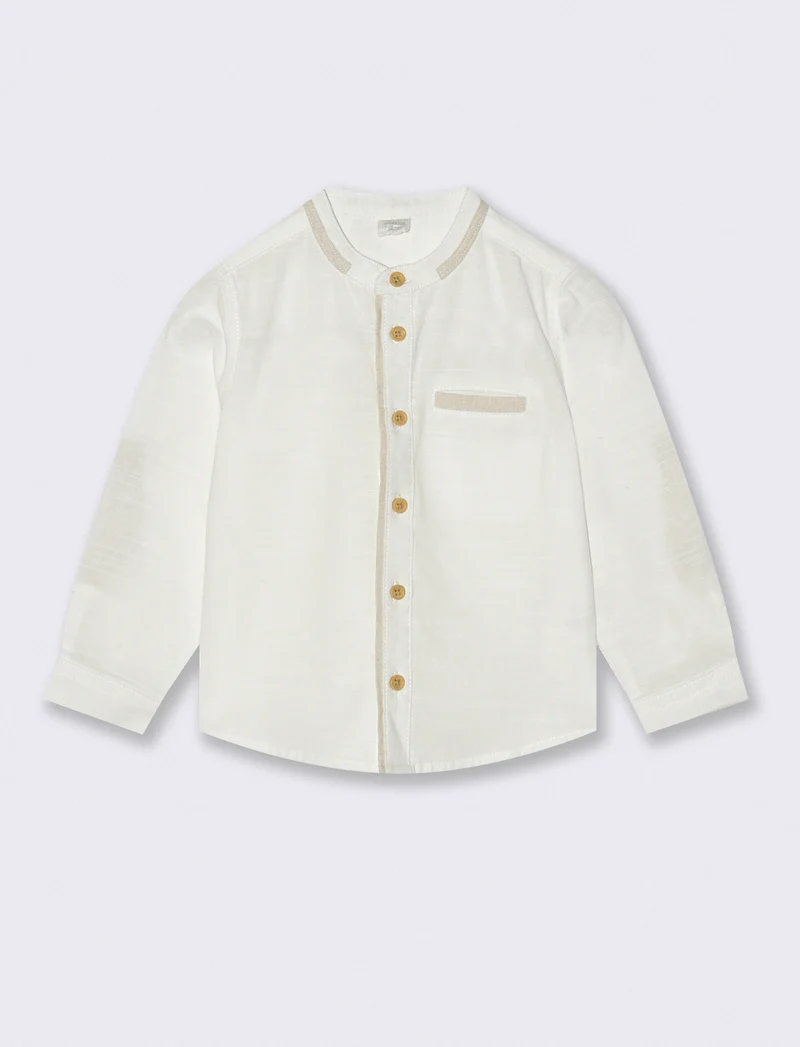 Camicia collo coreana con contrasti - Bianco latte