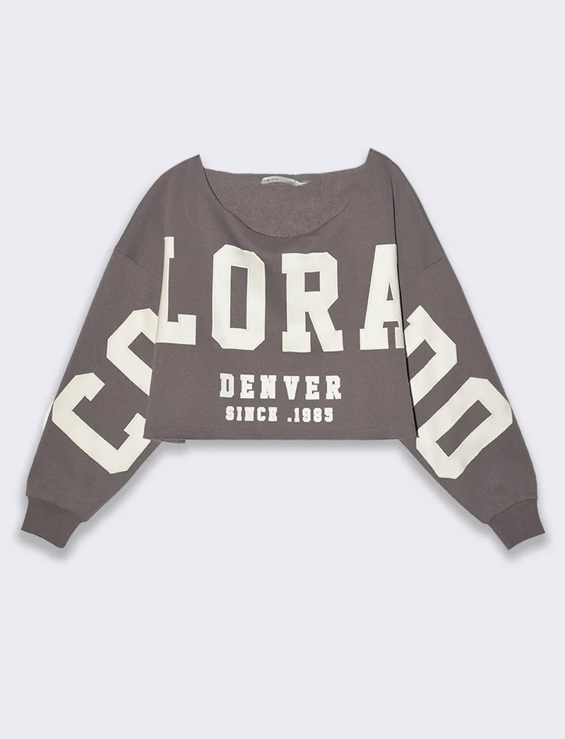 Felpa crop off shoulder da donna - Grigio piombo