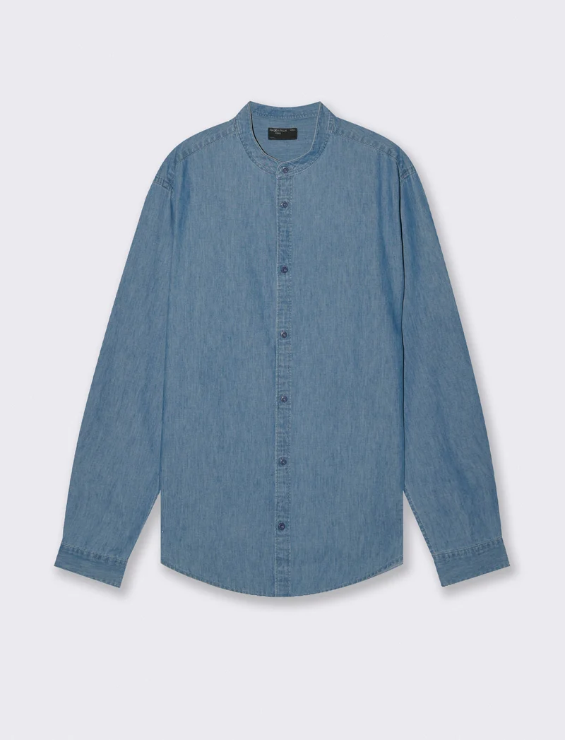 Camicia denim leggero con collo coreano - Denim
