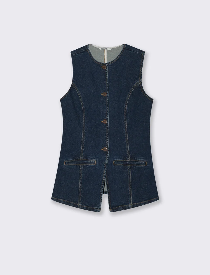 Gilet in denim lungo con bottoni e tasche - DENIM SCURO