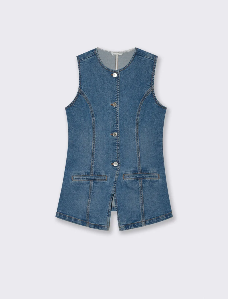 Gilet in denim lungo con bottoni e tasche - Denim