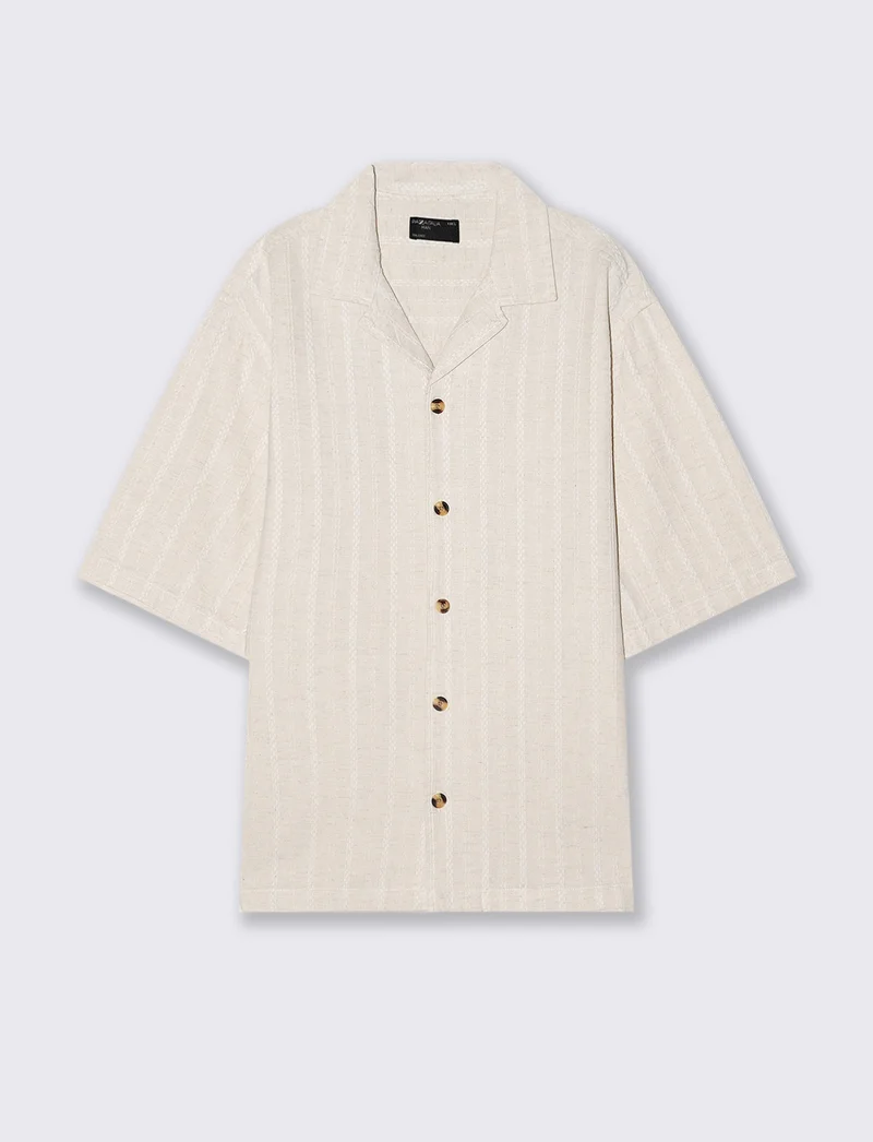 Camicia boxy fit in cotone lino jacquard - Beige ecru