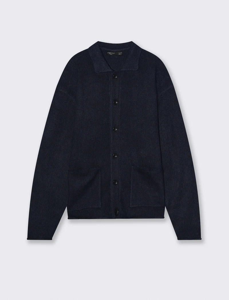 CARDIGAN IN MAGLIA CON COLLO CAMICIA - Blu