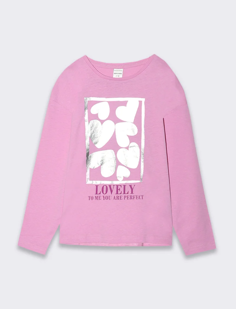 T-shirt girocollo con stampa lucida da bambina - Rosa