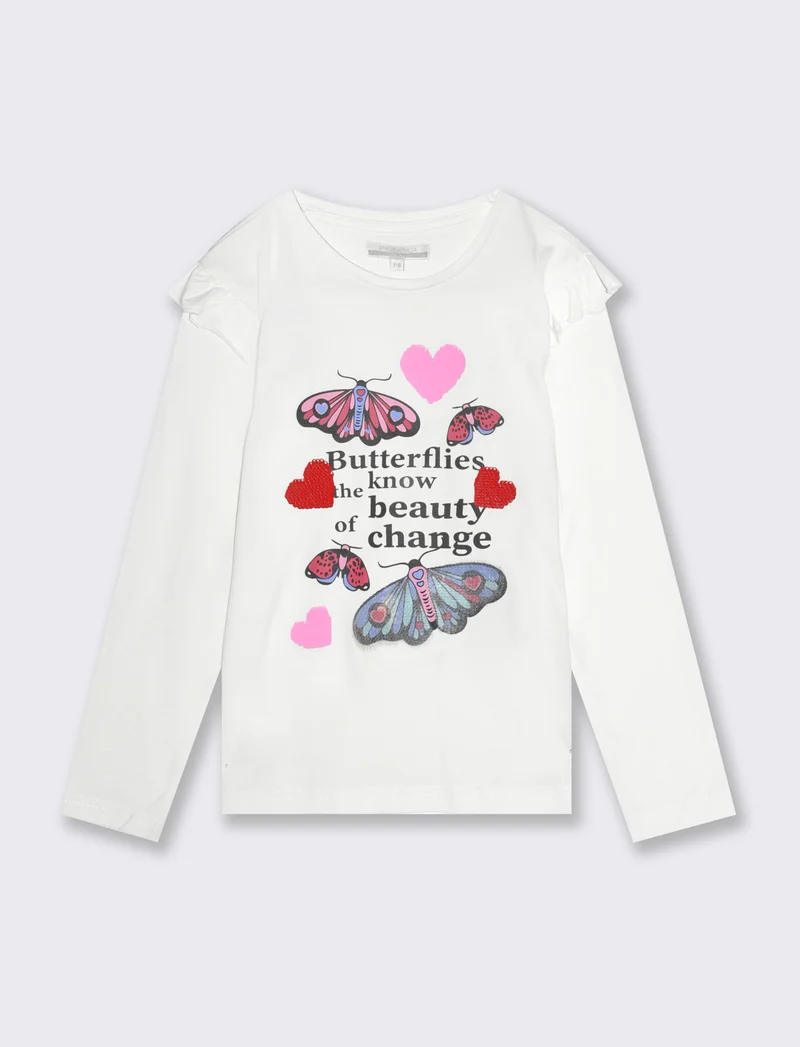 T-shirt con stampa e paillettes da bambina - Bianco latte