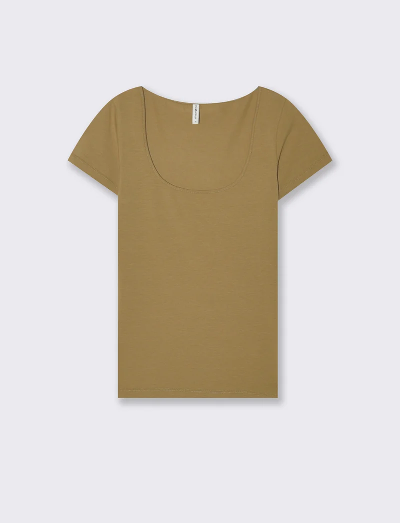 T-Shirt Basic con Scollo Quadrato - Beige fieno