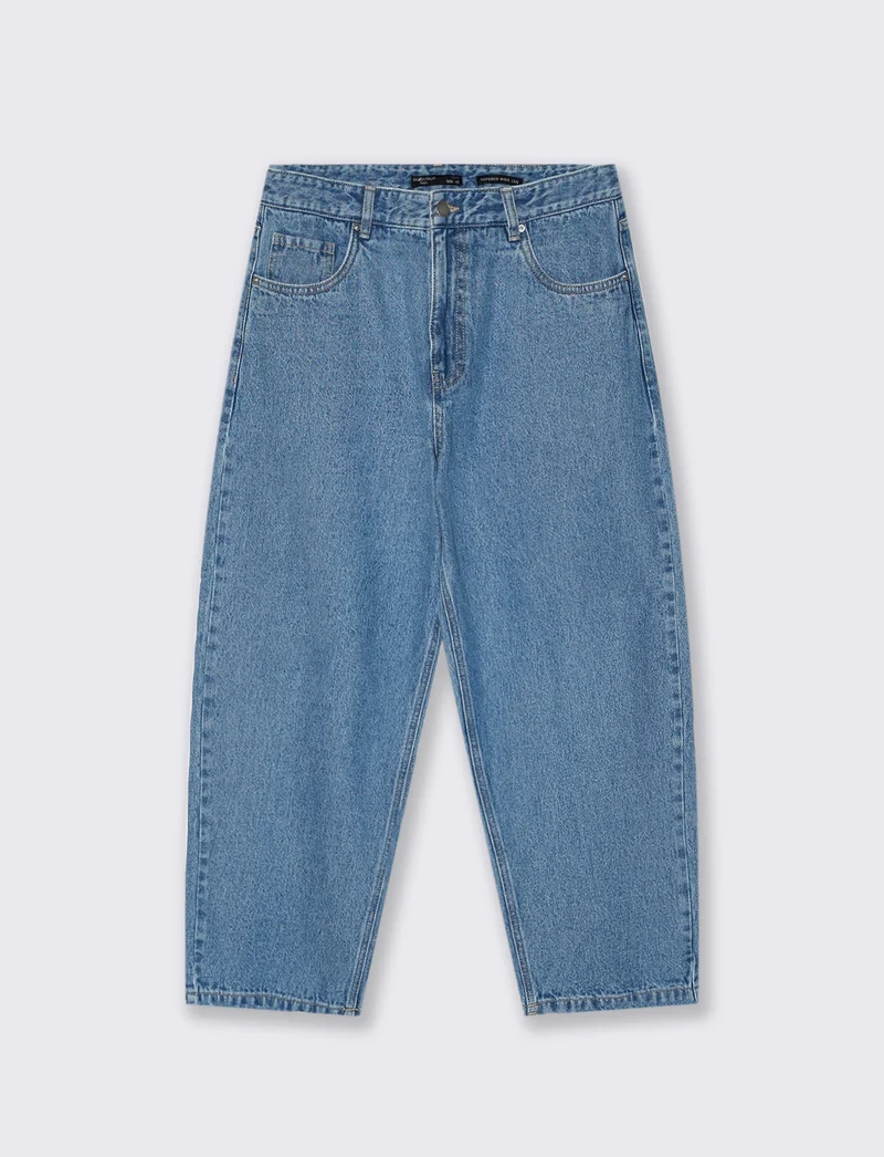 Jeans Tapered Wide Leg Effetto Slavato - Denim