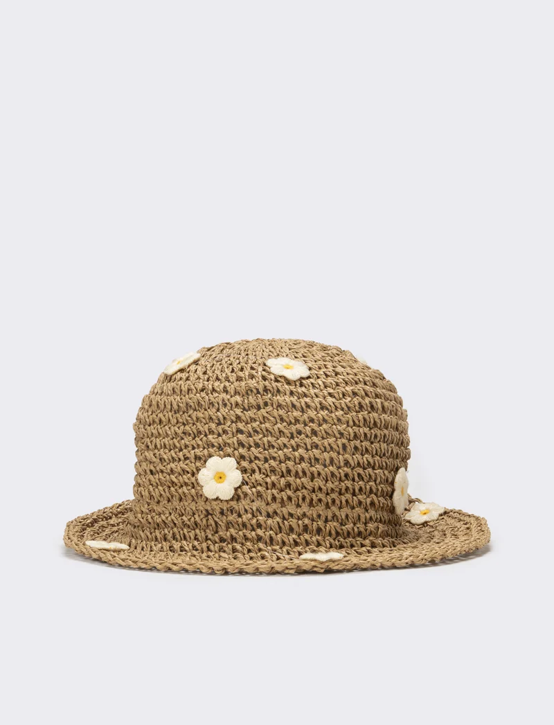 Cappello bambina pescatore con applicazioni fiori e frutta - Bianco