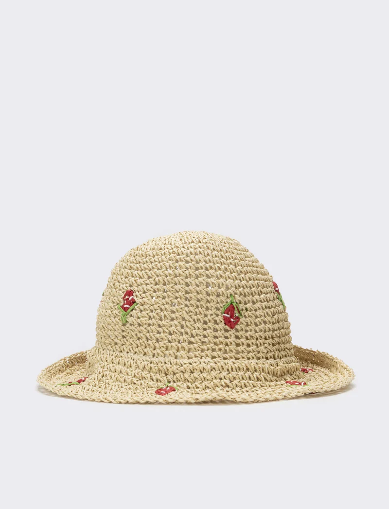 Cappello bambina pescatore con applicazioni fiori e frutta - Beige