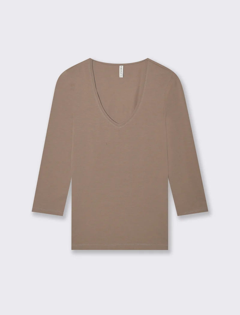 T-Shirt Manica Lunga Scollo a V - Grigio tortora