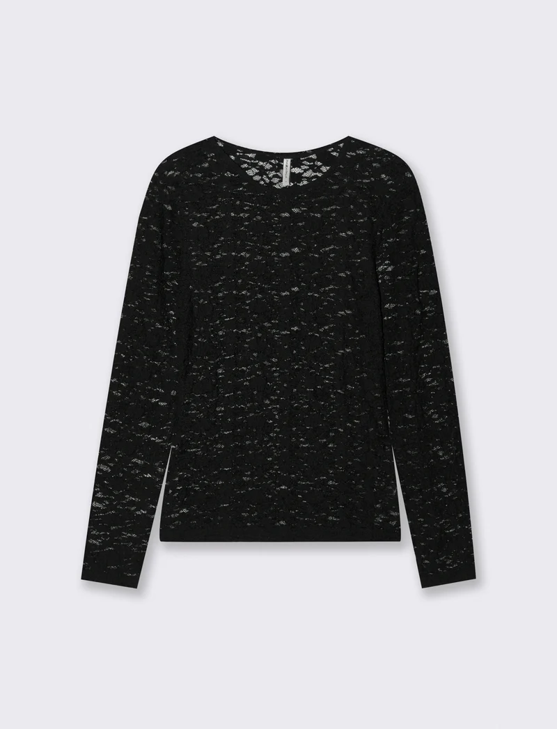 T-Shirt in Pizzo Manica Lunga Giro Collo - Nero
