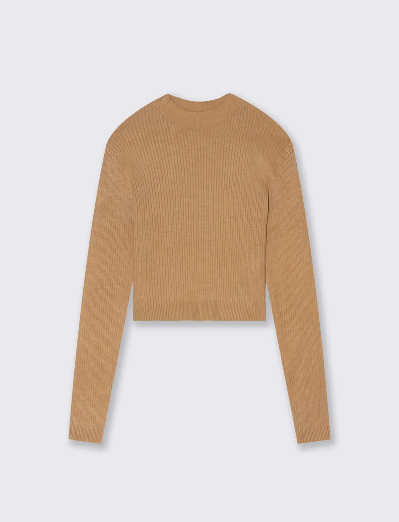 PULLOVER CROP A COSTE - Cammello