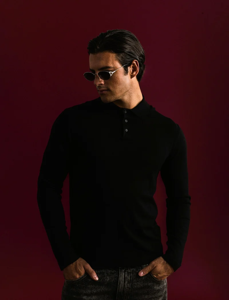 MAGLIA IN MISTO VISCOSA MODELLO POLO - Nero